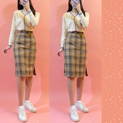 Vintage Long Plaid # Straight skirt