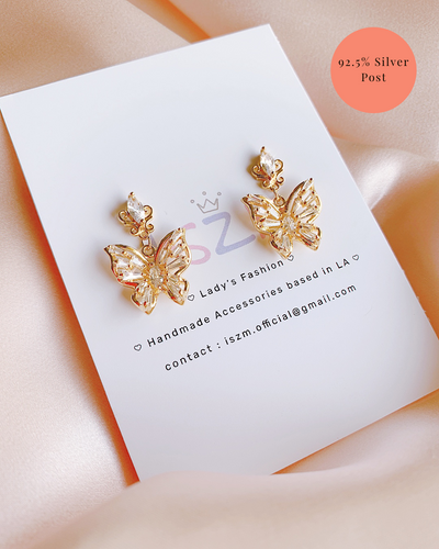 Elegant Golden Butterfly SILVER Post Earring