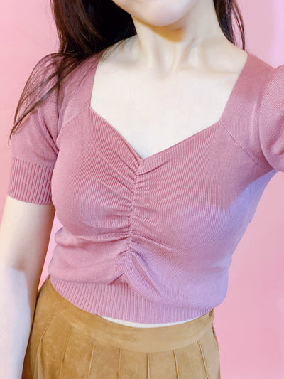 Violet-Pink Short Puff Sleeve V-neck Shirring blouse