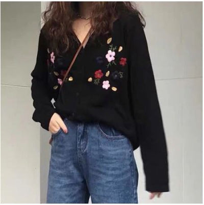 flower embroidered thinly knitted cardigan - ISZM