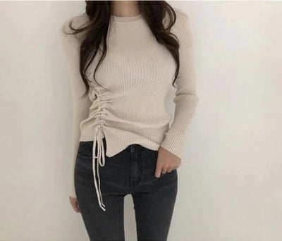 0-neck slim knit-pleated sweater top