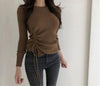 0-neck slim knit-pleated sweater top - ISZM